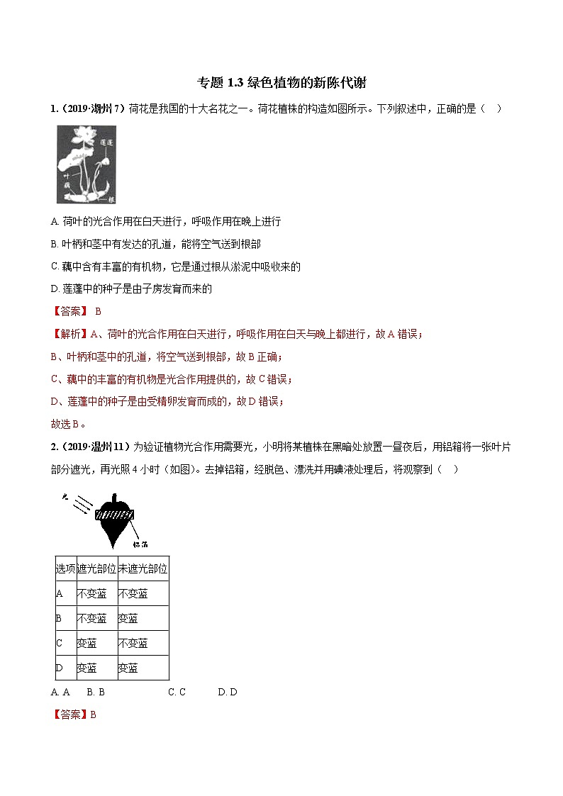 备战2022 中考科学 重难点练习 专题1.3 绿色植物的新陈代谢（教师版） 第1页