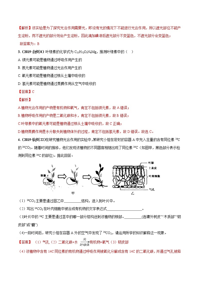 备战2022 中考科学 重难点练习 专题1.3 绿色植物的新陈代谢02