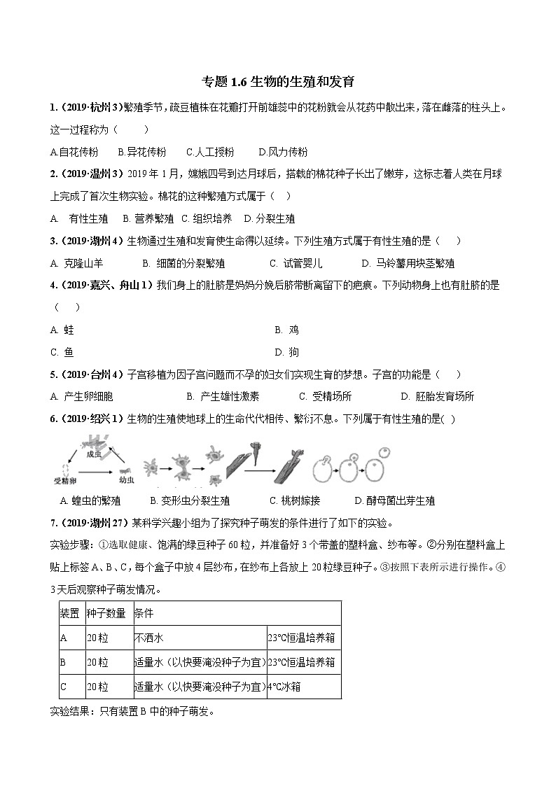 备战2022 中考科学 重难点练习 专题1.6 生物的生殖和发育（学生版） 第1页