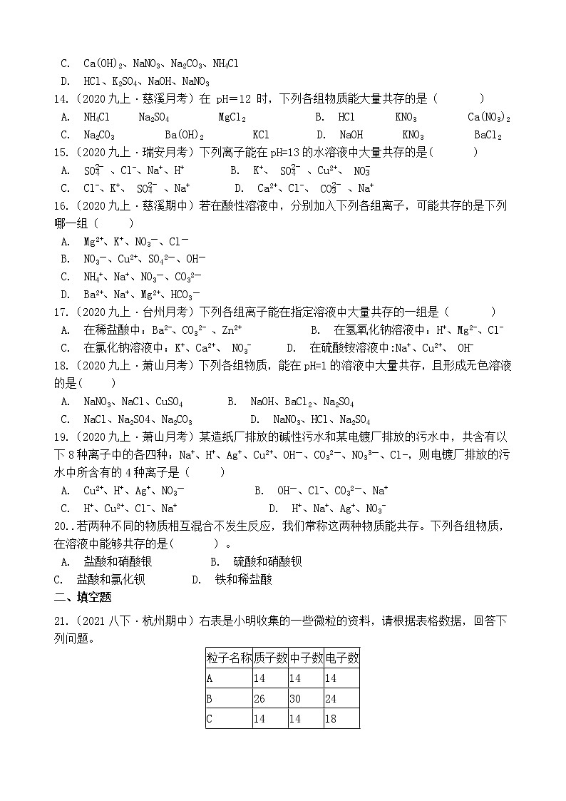 第77讲 离子或物质共存的问题 备战2022 浙教版科学 中考高频考点 加强练03