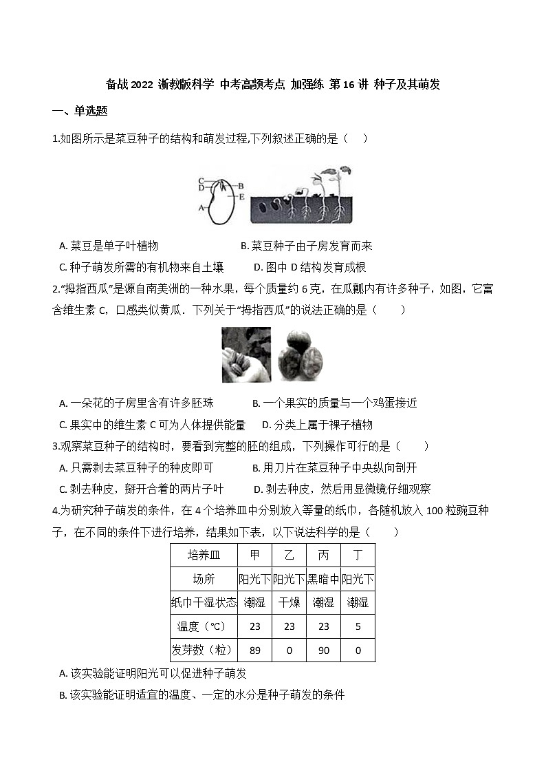 第16讲 种子及其萌发  备战2022 浙教版科学 中考高频考点 加强练第1页