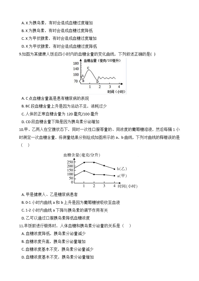 第12讲 胰岛素及血糖含量  备战2022 浙教版科学 中考高频考点 加强练03