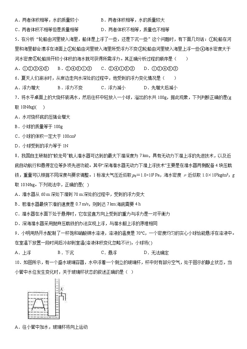 第三章浮力课后巩固（1）2020-2021学年华师大版八年级上册练习题02