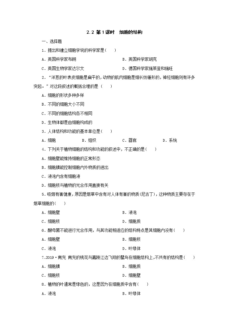 浙教版  七年级上册 2.2 第1课时　细胞的结构练习题01