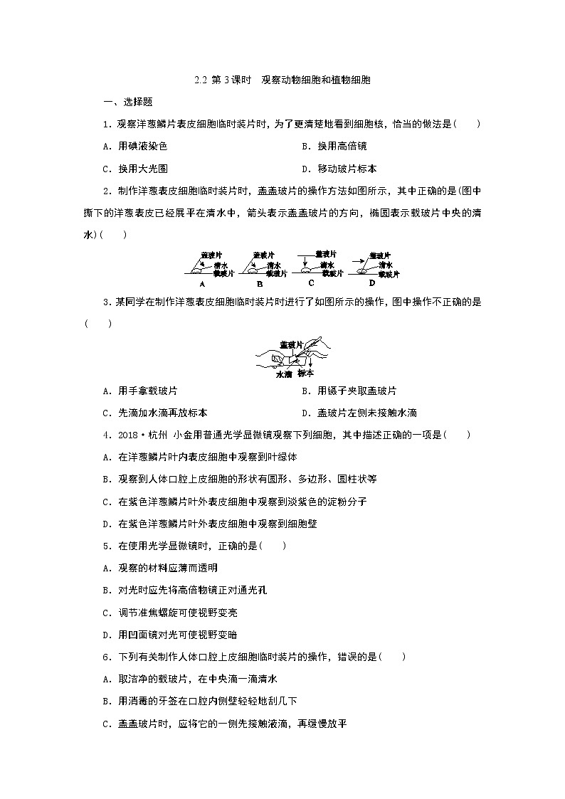 浙教版  七年级上册 2.2   第3课时　观察动物细胞和植物细胞练习题第1页