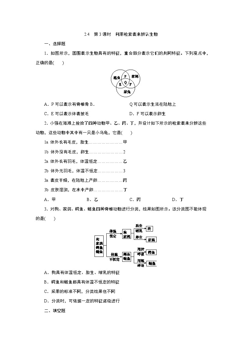 浙教版  七年级上册 2.4　第3课时　利用检索表来辨认生物练习题第1页