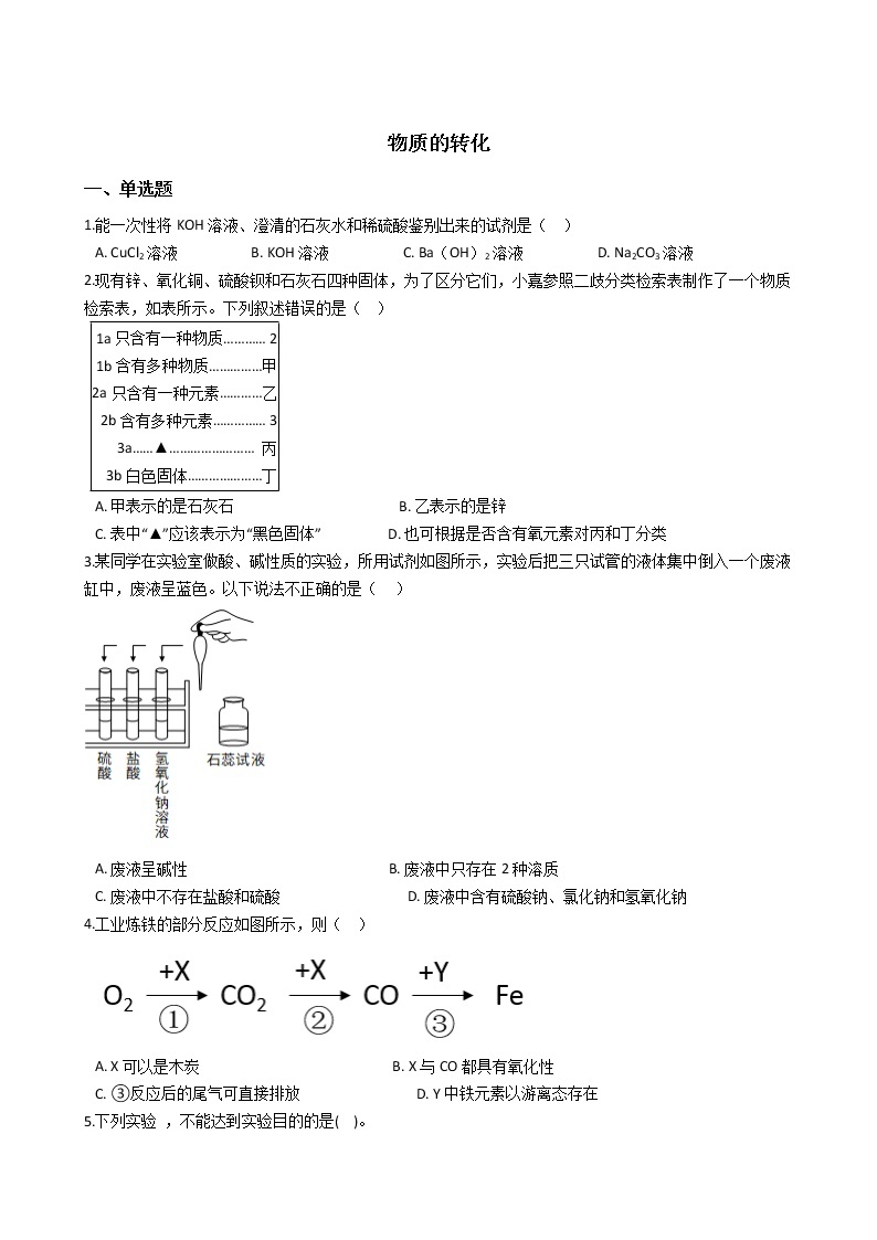 2.5物质的转化   同步练习 2021-2022学年浙教版科学九年级上册01