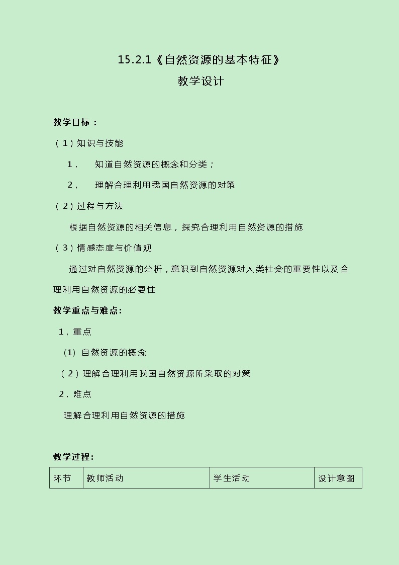 牛津上海版科学七年级下册15.2.1《自然资源的基本特征》教案01