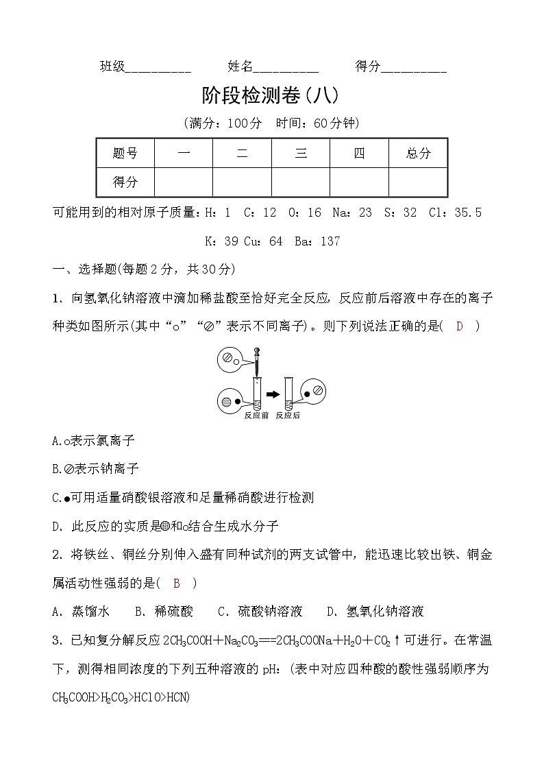 2022年浙教版科学+中考一轮复习+阶段检测卷(八)01