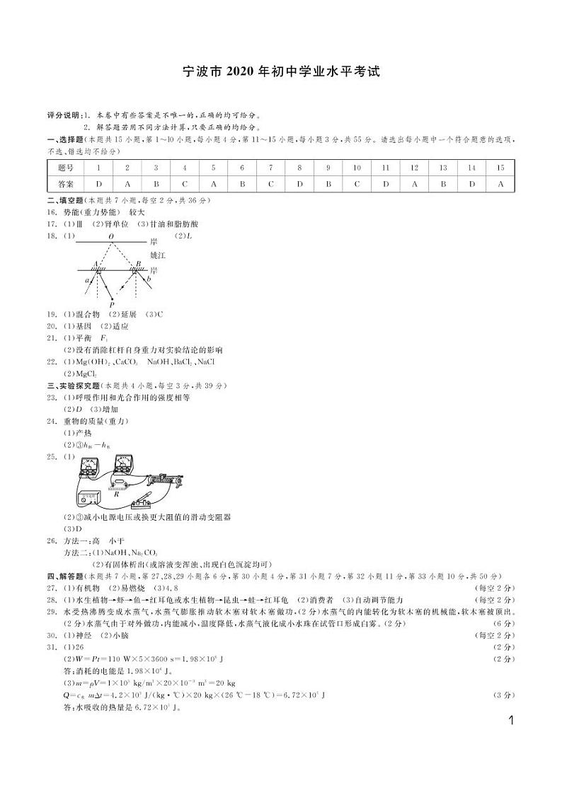 2020年浙江省宁波市初中学业水平考试科学试题及答案01