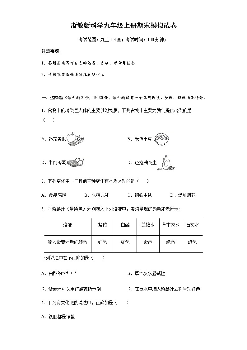 浙教版科学九上  期末测试卷8（含答案）01