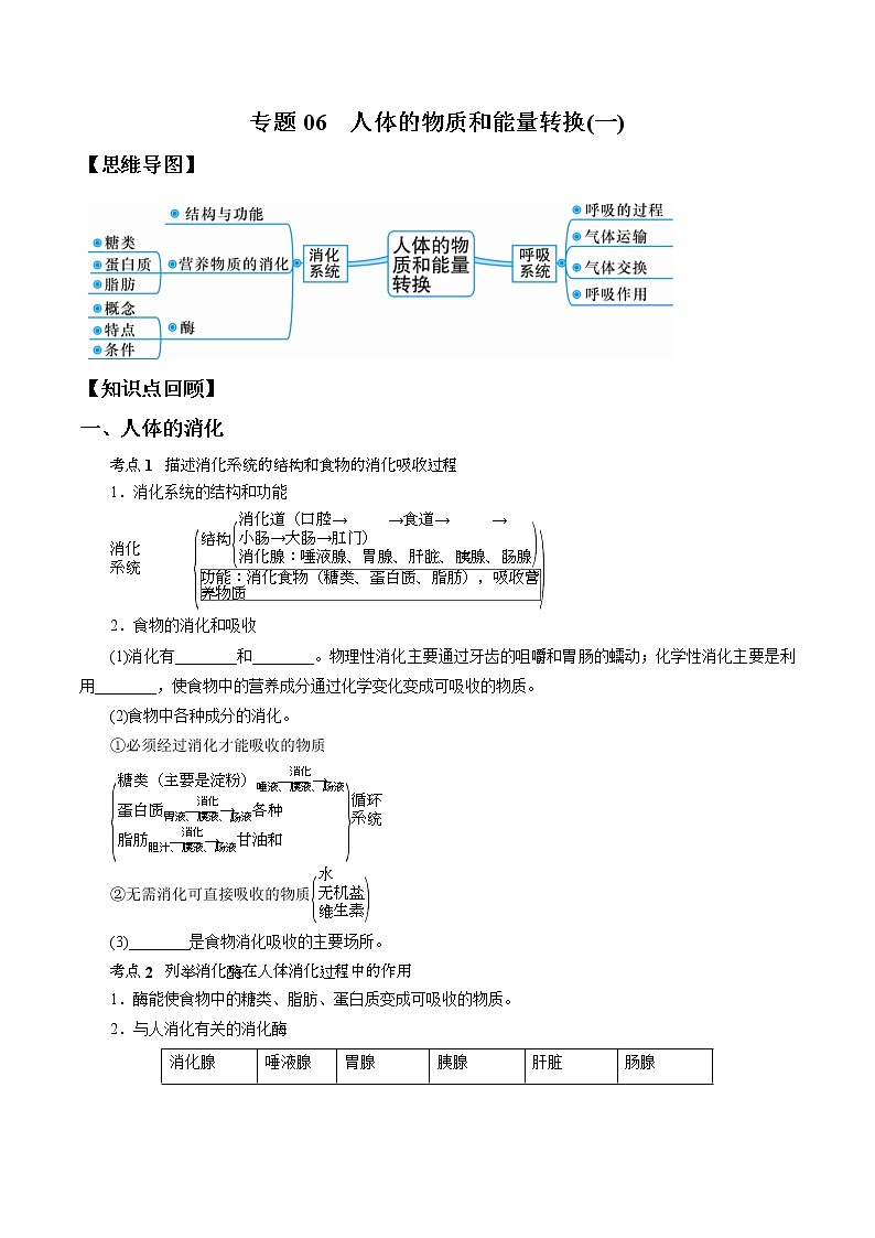 专题06 人体的物质和能量转换(一)-决战2022年中考科学一轮复习（学生版）01