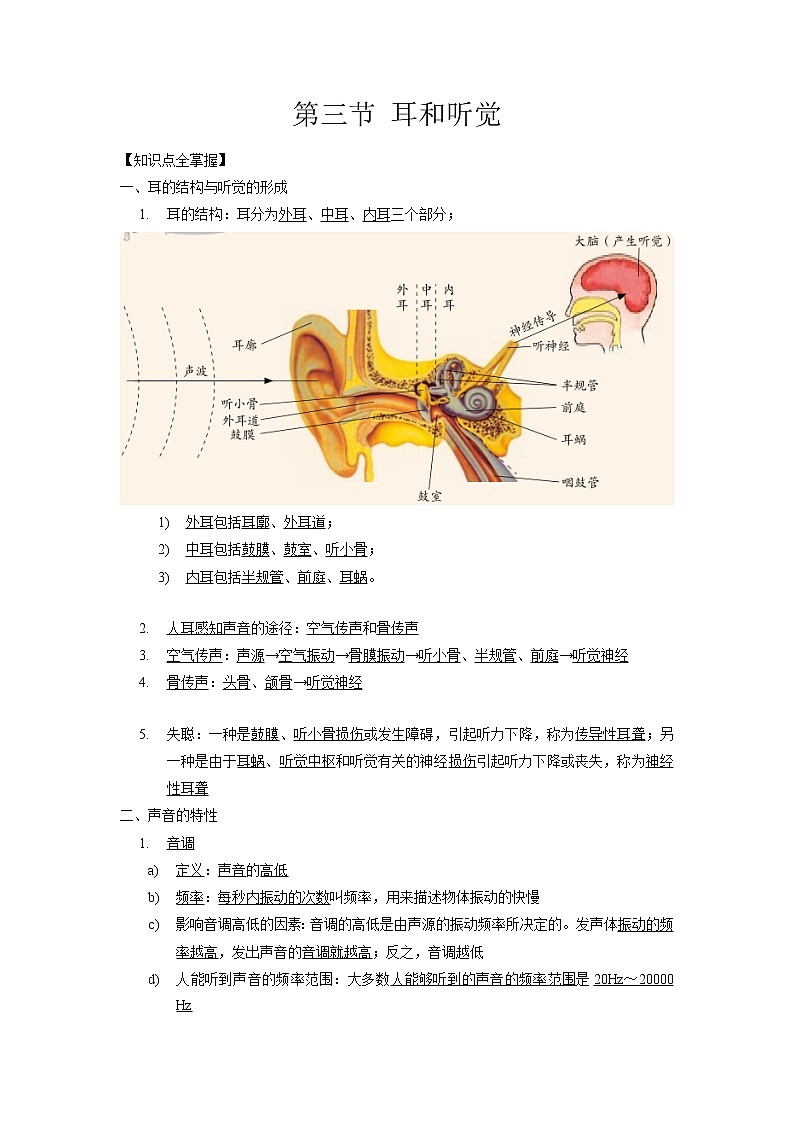 2.3 耳和听觉-2020-2021学年科学七年级下册讲练测（浙教版）01