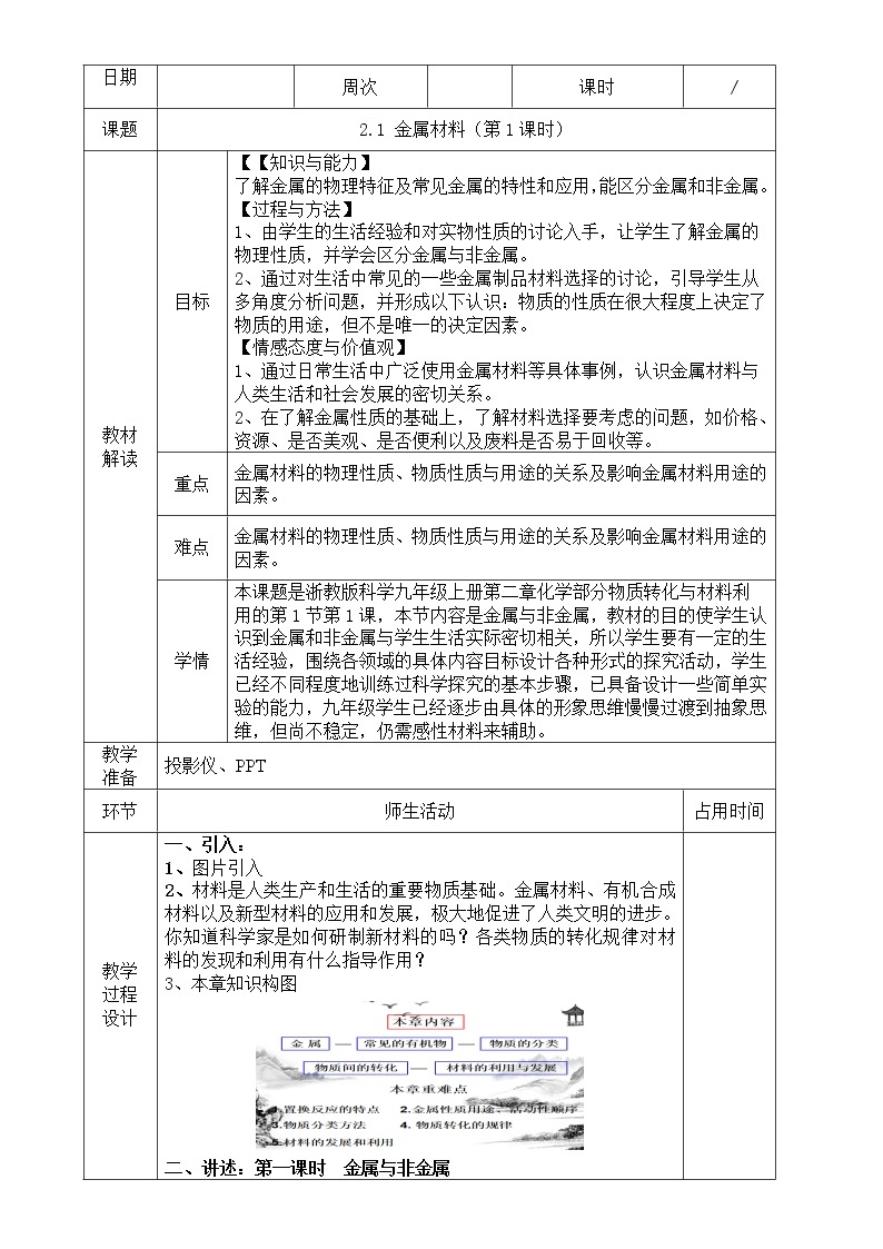 2.1  金属材料（第1课时）—浙教版九年级科学上册教案01