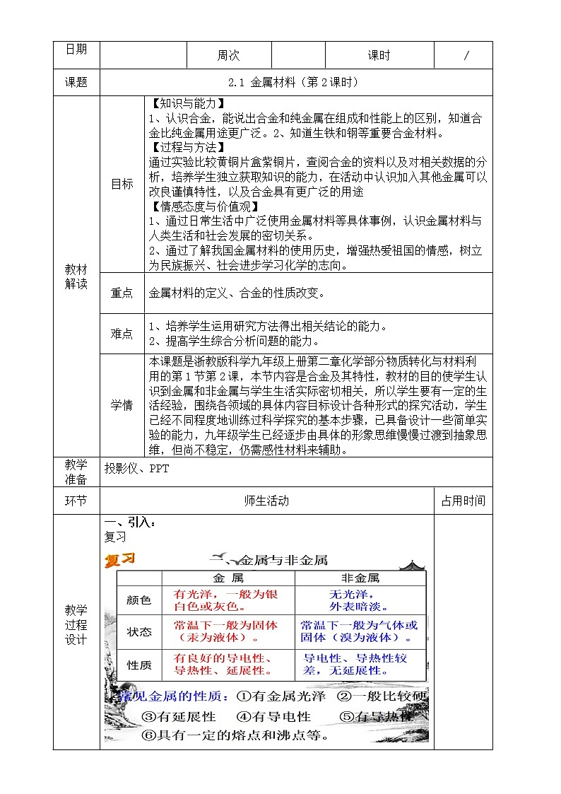 2.1  金属材料（第2课时） —浙教版九年级科学上册教案01