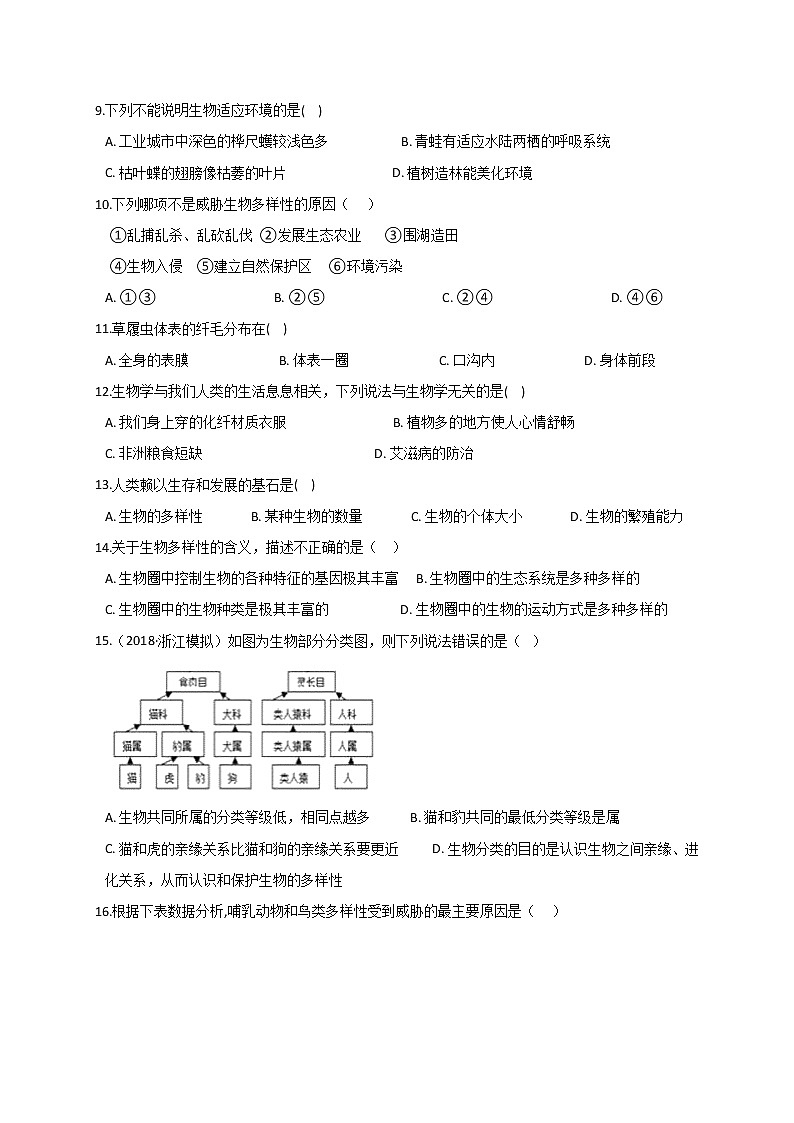 2.6  物种的多样性— 浙教版七年级科学上册练习02