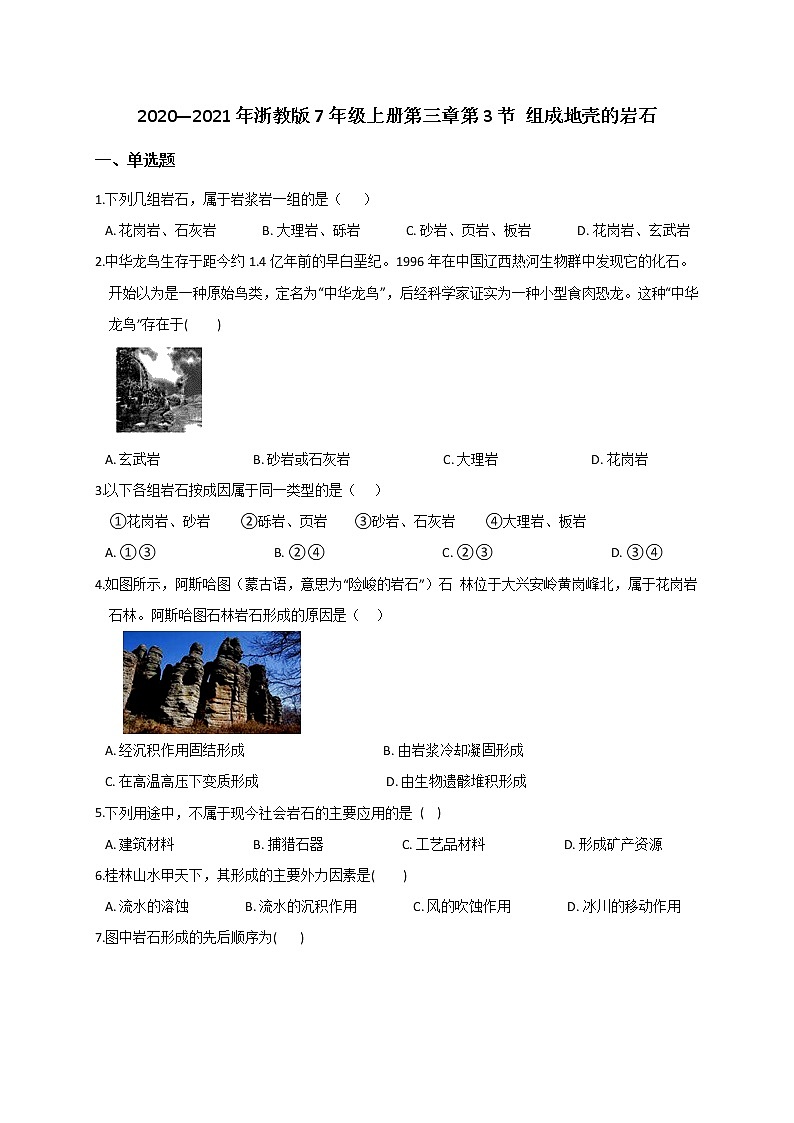 3.3 组成地壳的岩石— 浙教版七年级科学上册练习01