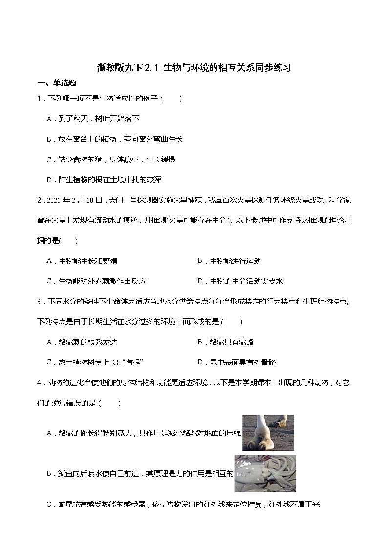浙教版科学九年级下册2.1 生物与环境的相互关系同步练习01