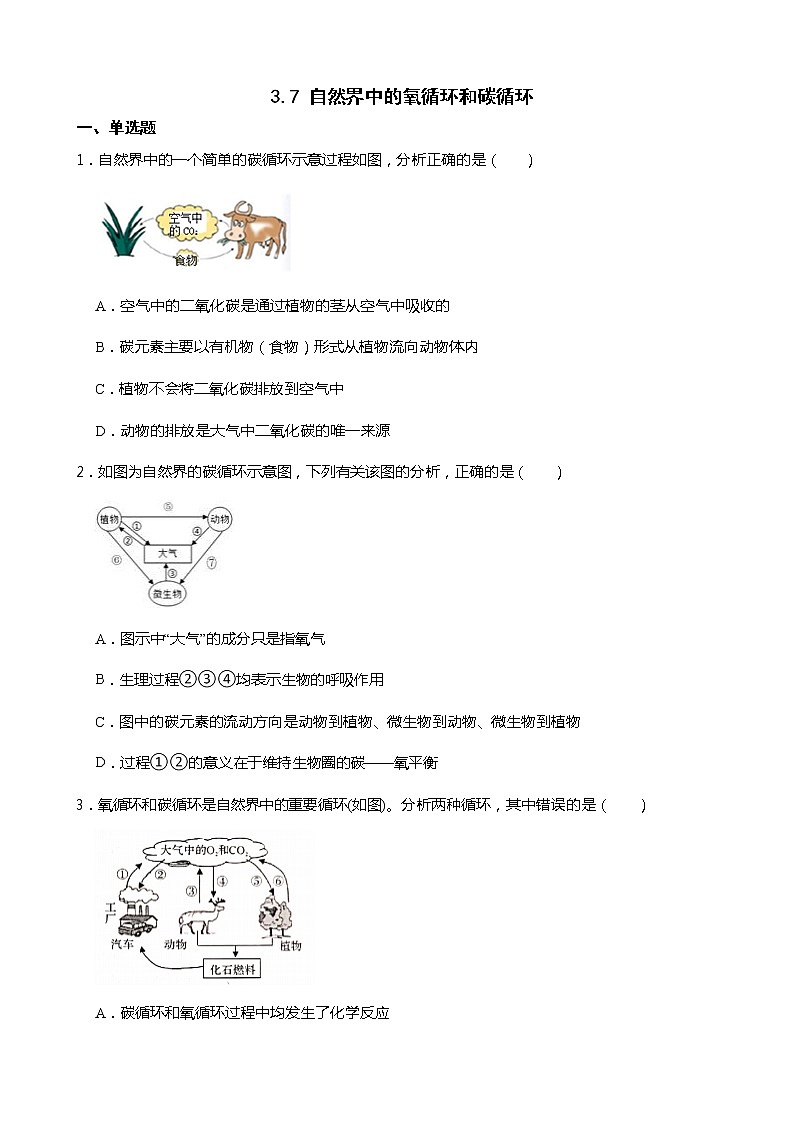 3.7 自然界中的氧循环和碳循环 同步练习第1页
