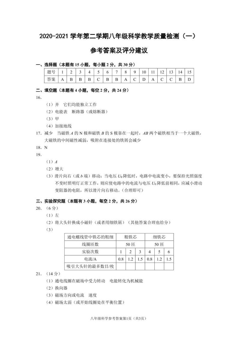 （浙江温州）2020-2021学年第二学期八年级科学教学质量检测（一）（浙教版）01