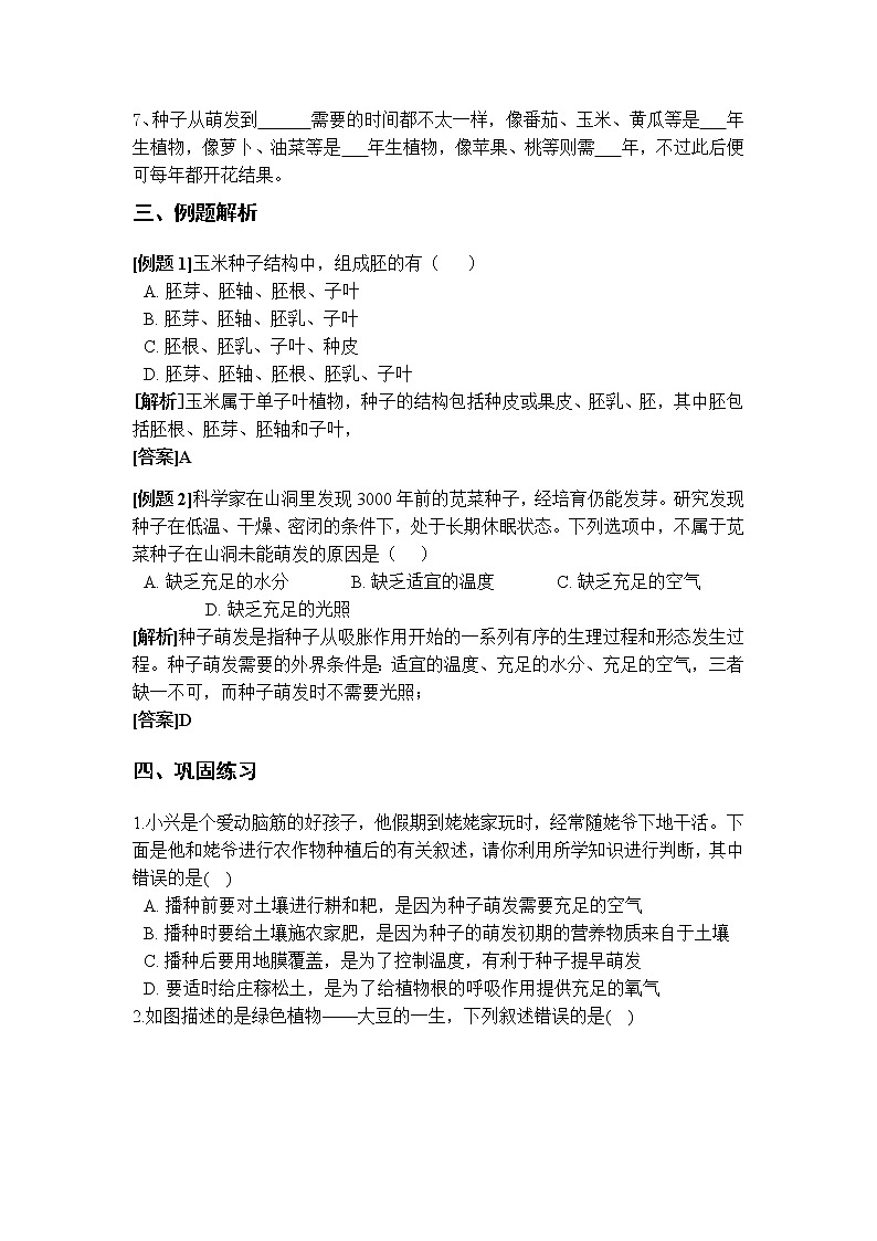 华师大版 七年级下册 7.2 种子的萌发和幼苗的形成 学案02