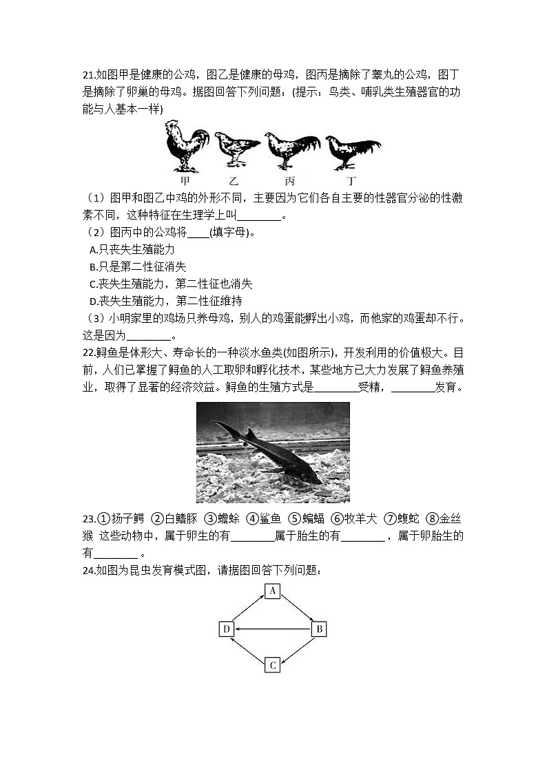 华师大版 七年级下册 6.1 动物的生殖和发育 同步自测03