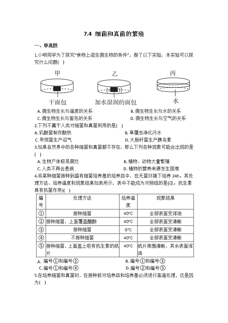 华师大版 七年级下册 7.4 细菌和真菌的繁殖 同步自测01
