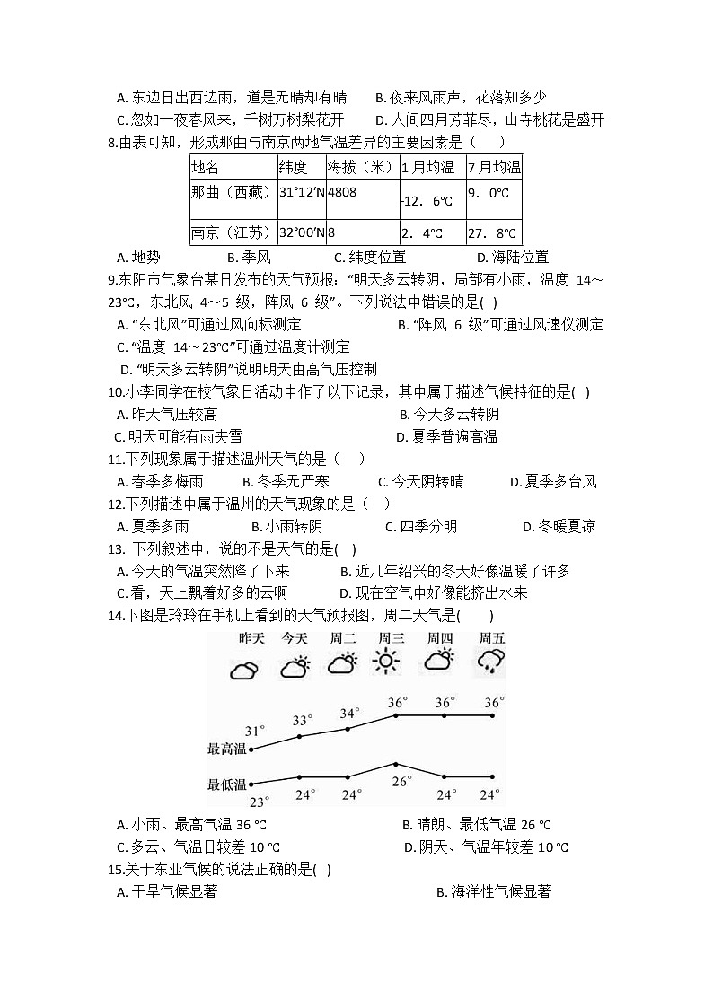 华师大版 八年级下册 8.1 天气、气候和人类活动 同步自测02