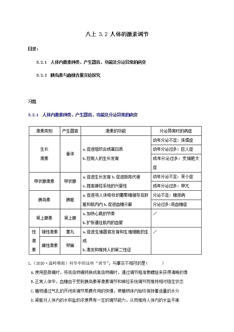 3.2 人体的激素调节-重难点优化与提高（学生+教师版含解析）—浙教版八年级科学上册同步检测01