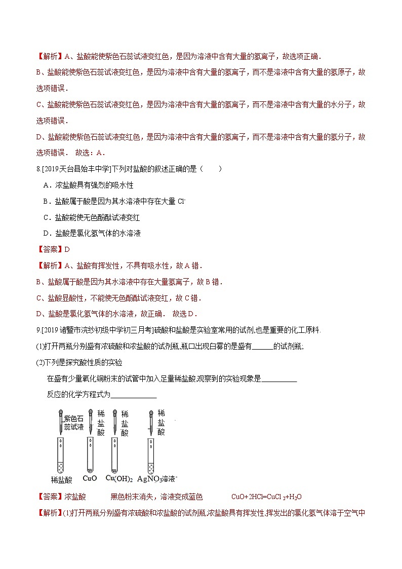 1.3 常见的酸（第1课时）（精选练习）-九年级科学上册（浙教版）03