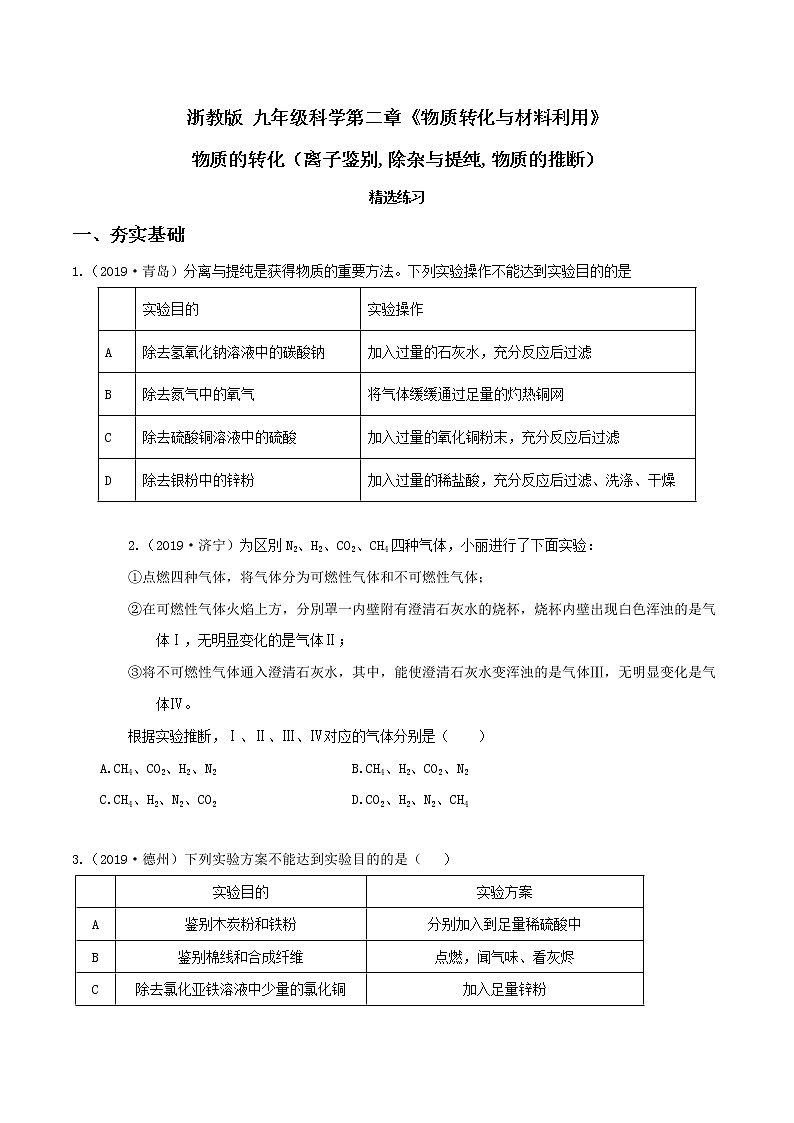 第二章 专题2  物质的转化（离子鉴别,除杂与提纯,物质的推断）（精选练习）-九年级科学上册（浙教版）01