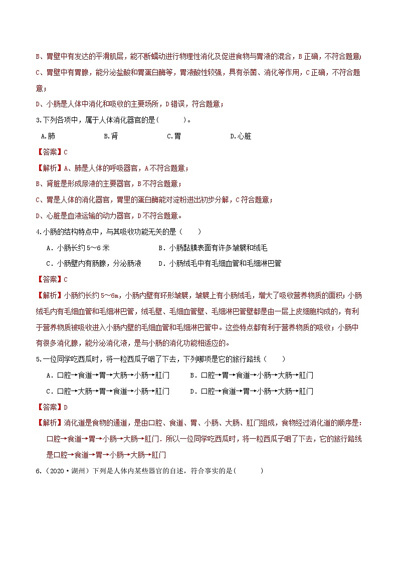 4.2食物的消化与吸收（第1课时）（精选练习）-九年级科学上册(浙教版)02