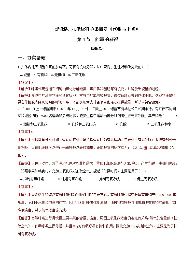 4.4能量的获得（精选练习）-九年级科学上册(浙教版)01