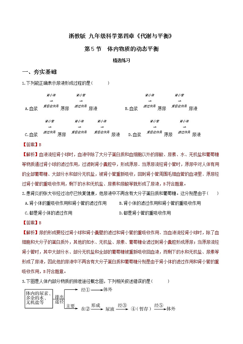 4.5体内物质的动态平衡（第1课时）（精选练习）-九年级科学上册(浙教版)01