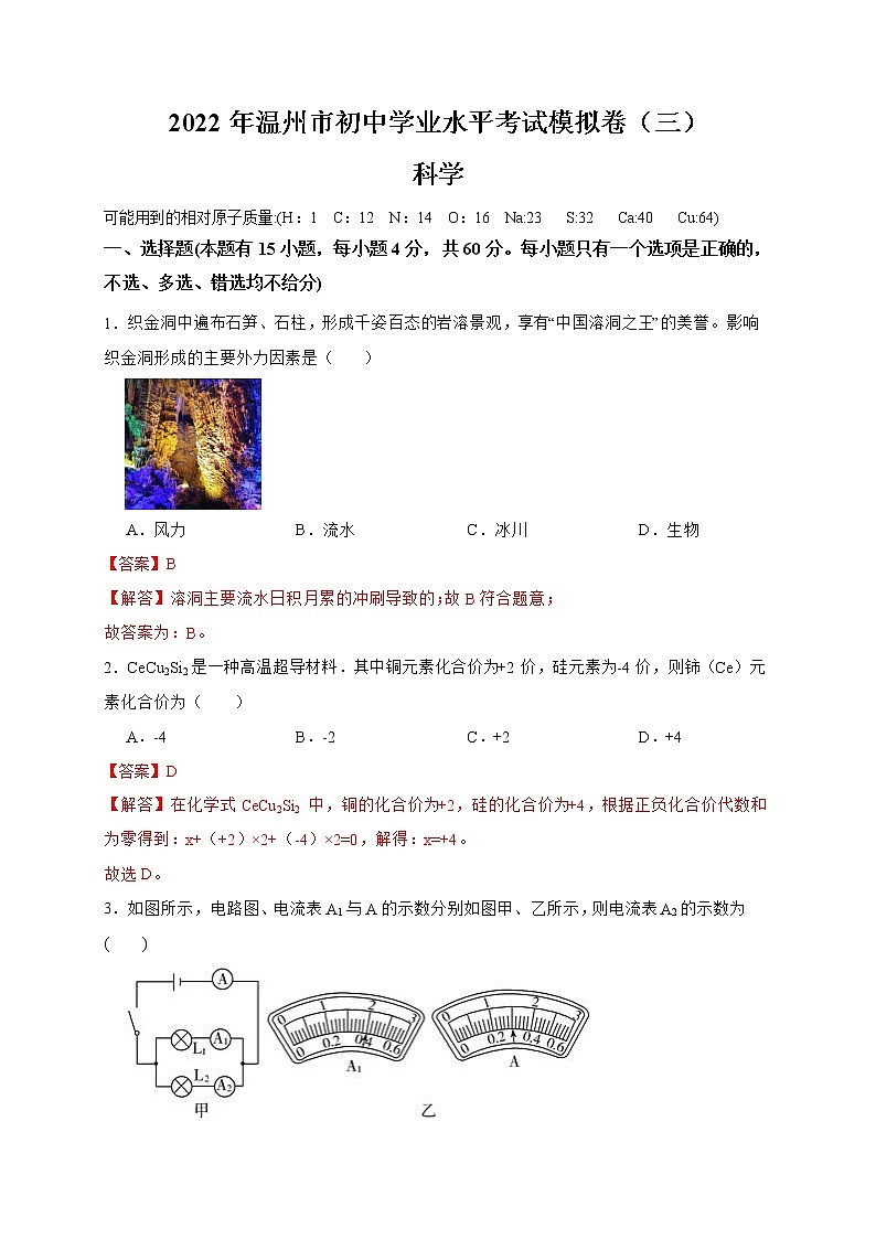 2022年浙江省中考科学模拟卷（温州专用）（三）（解析版）第1页