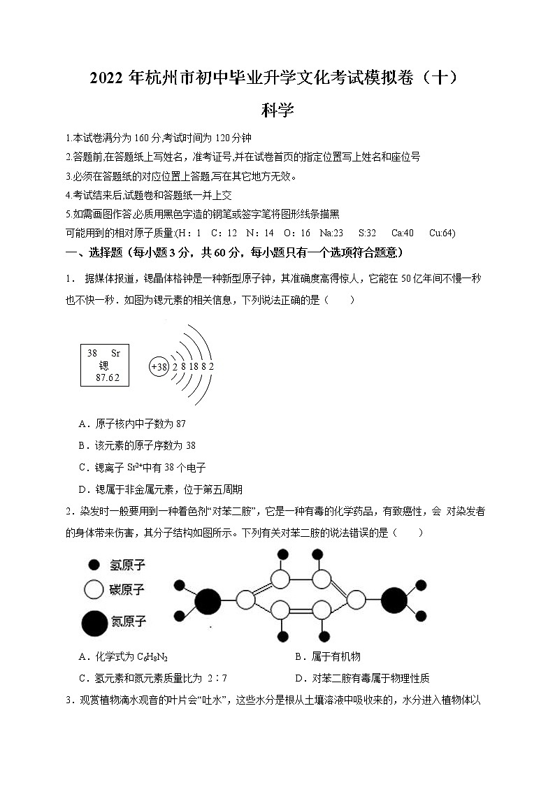 2022年浙江省中考科学模拟卷（杭州专用）（十）（原卷版）第1页