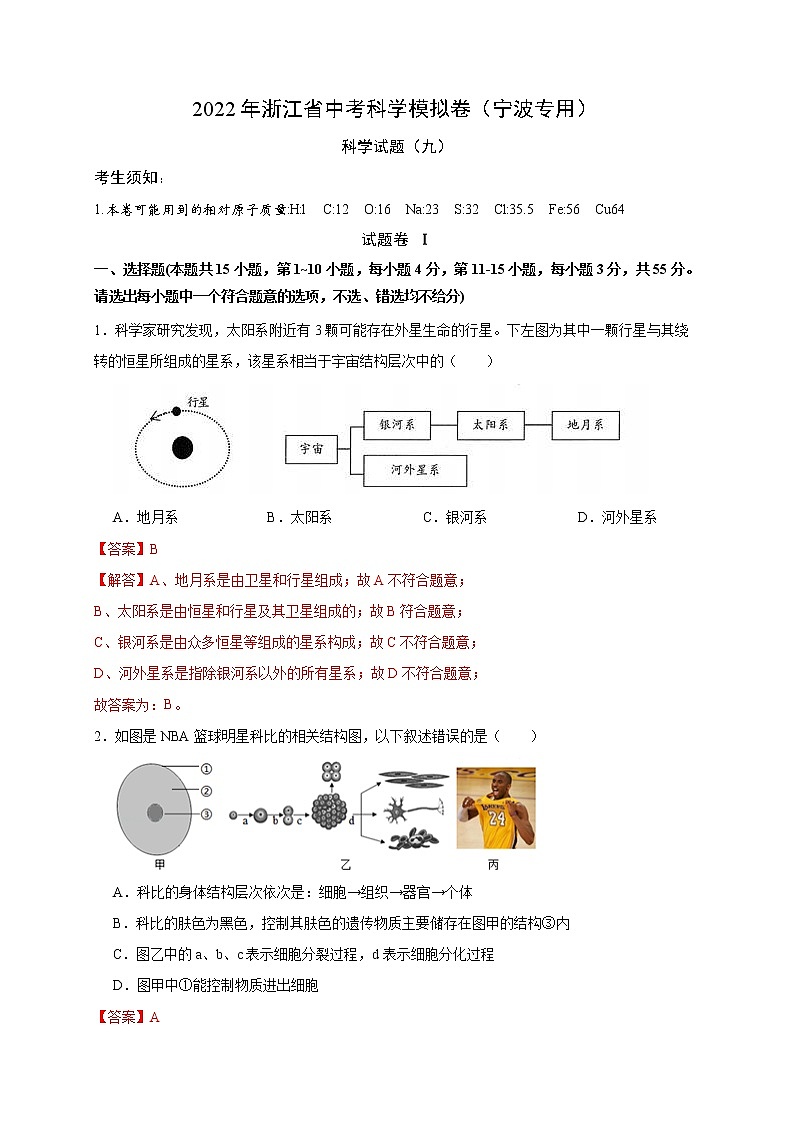 2022年浙江省中考科学模拟卷（宁波专用）（九）（解析版）第1页