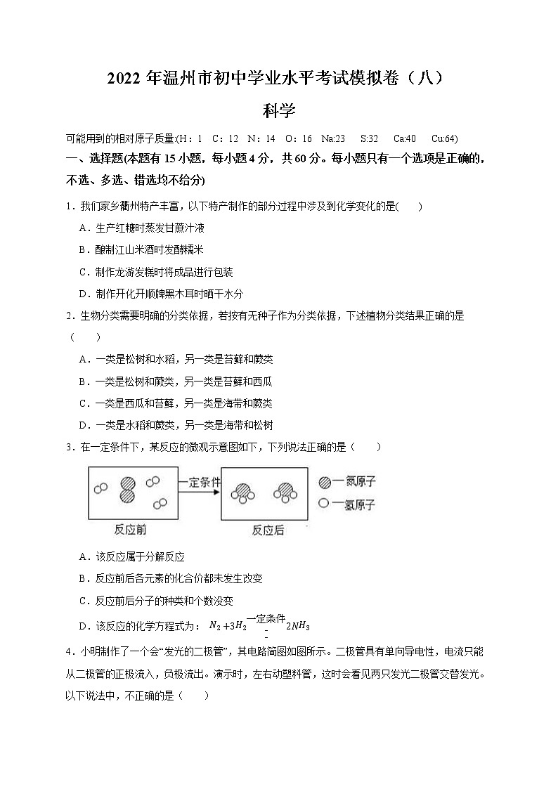 2022年浙江省中考科学模拟卷（温州专用）（八）（原卷版）第1页