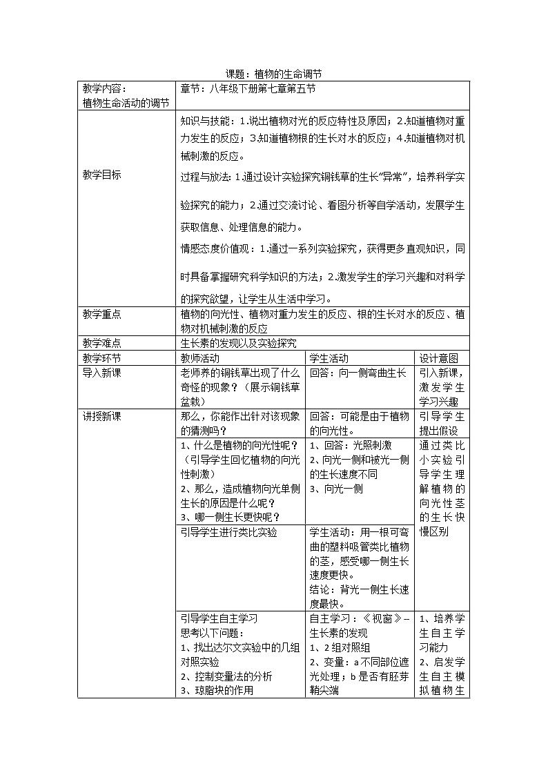 华师大版八年级下册科学 7.5植物生命活动的调节 教案第1页