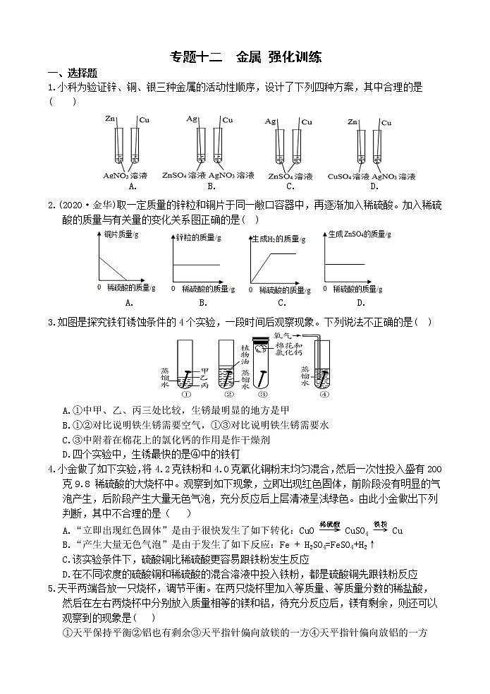 中考科学【二轮专题】复习 专题十二  金属  强化训练（有答案）第1页