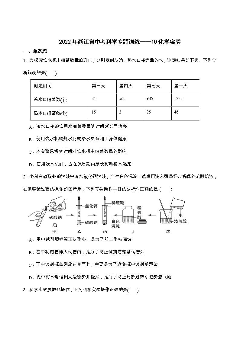 2022年浙江省中考科学专题训练 10化学实验01