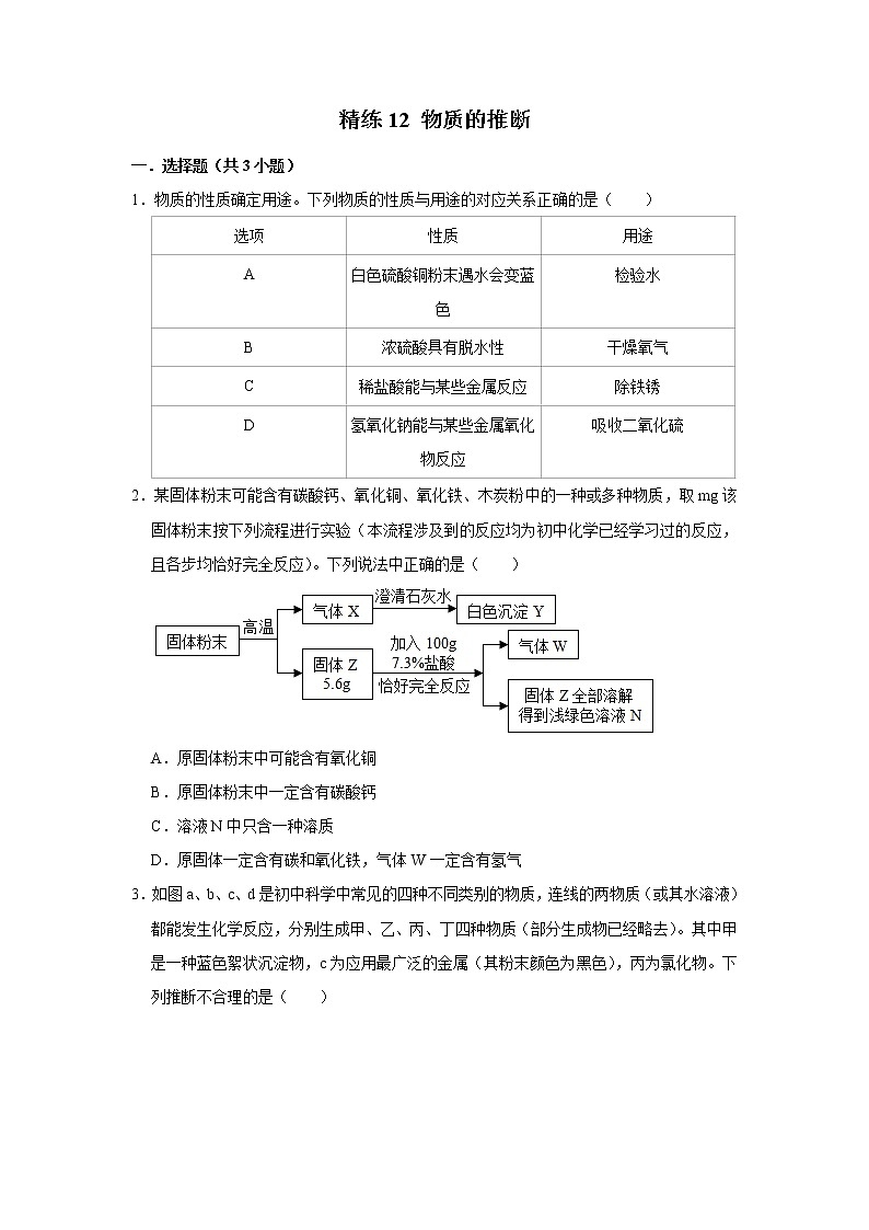 2022年浙江中考科学重难点专题练  精练12 物质的推断01