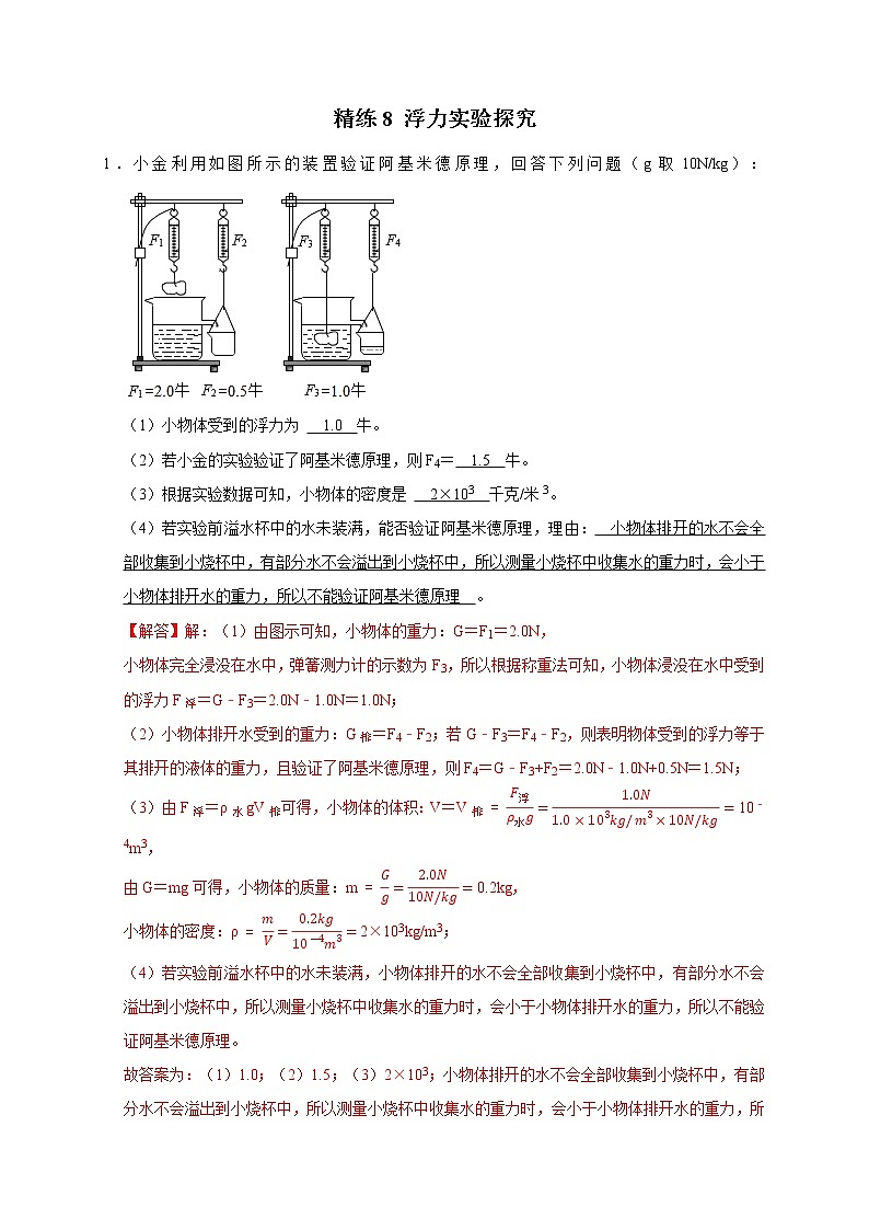 2022年浙江中考科学重难点专题练  精练8 浮力实验探究01