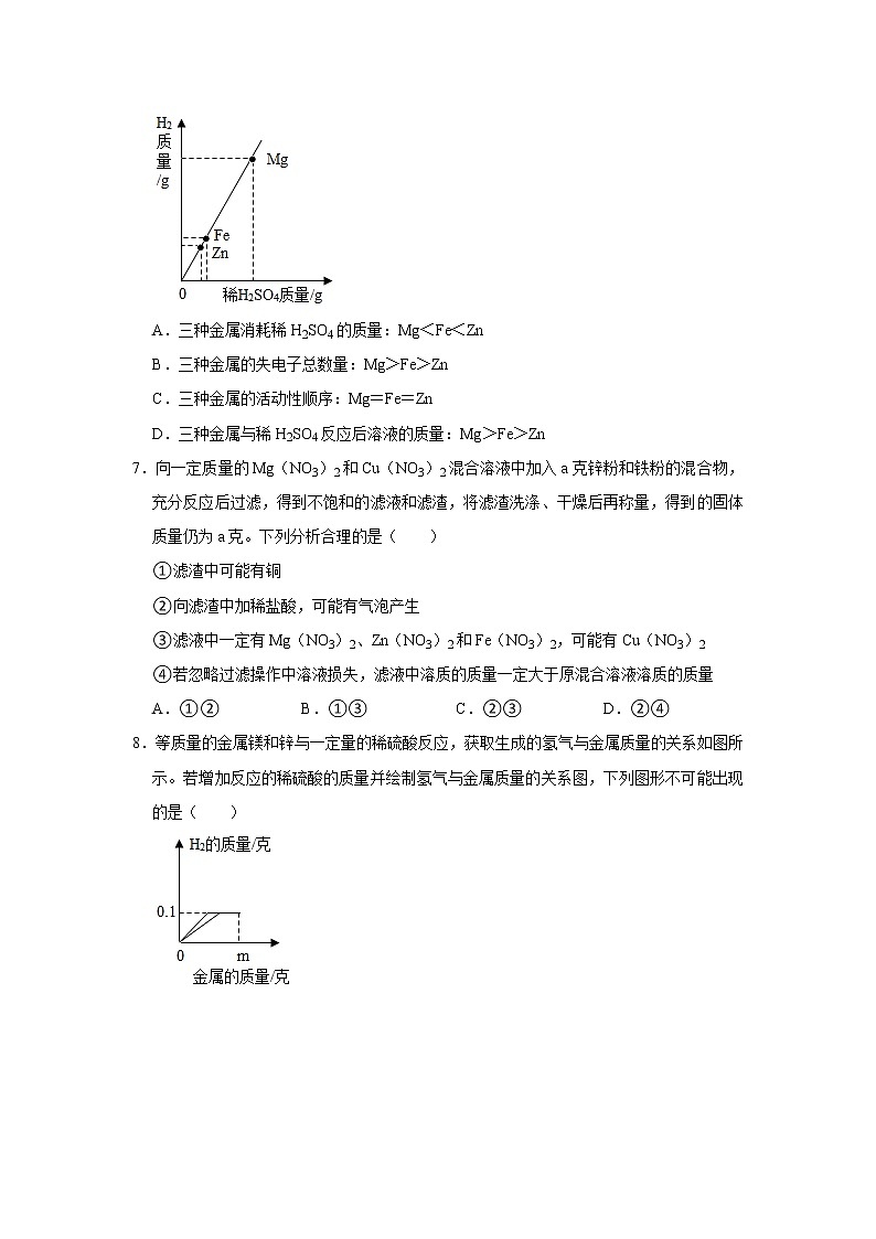 2022年浙江中考科学重难点专题练  精练9 金属化学性质与活动性顺序应用03