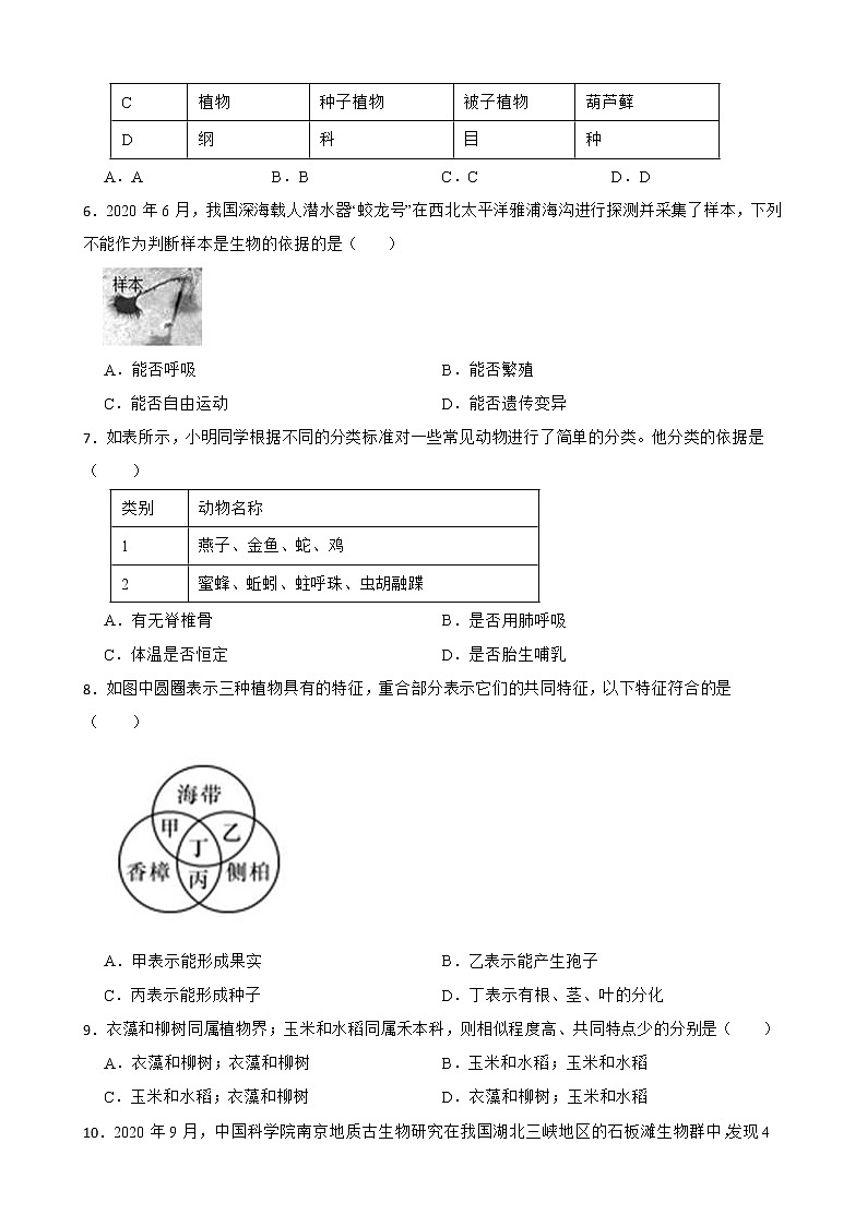 2022年中考科学第一轮专题复习：生物的分类与辨别解析版第2页