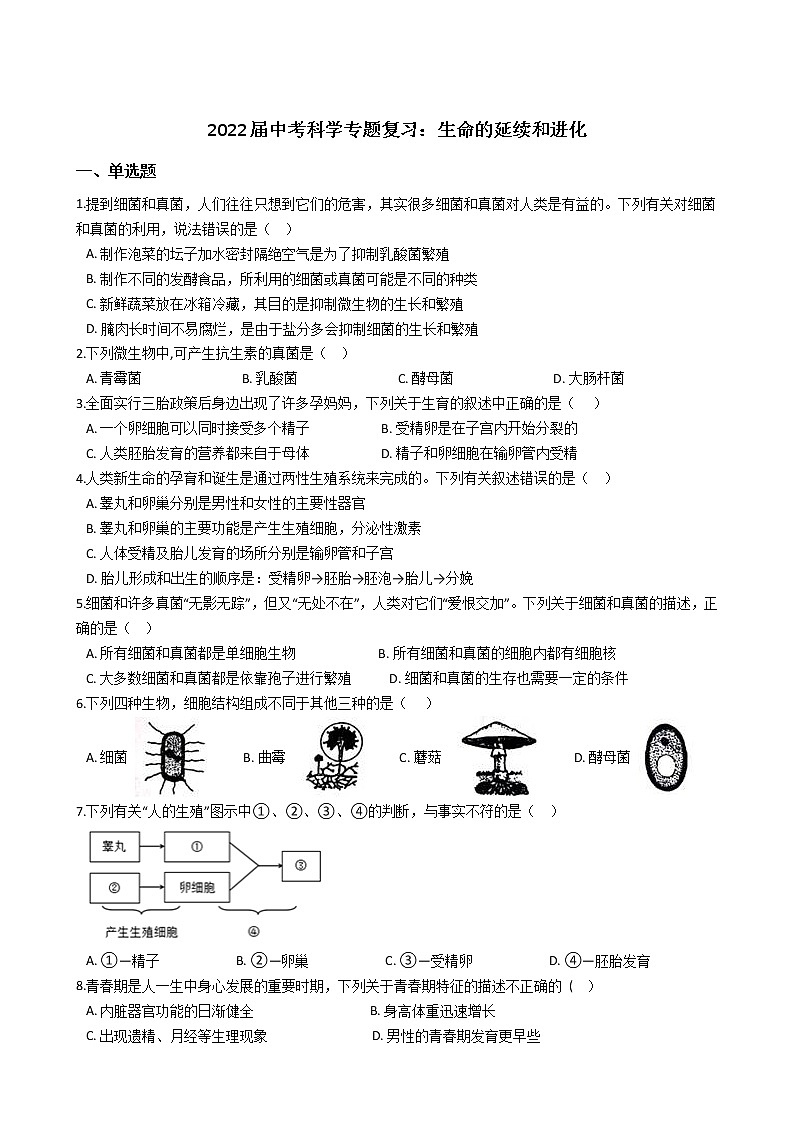 2022年浙江省中考科学专题复习15 生命的延续和进化第1页