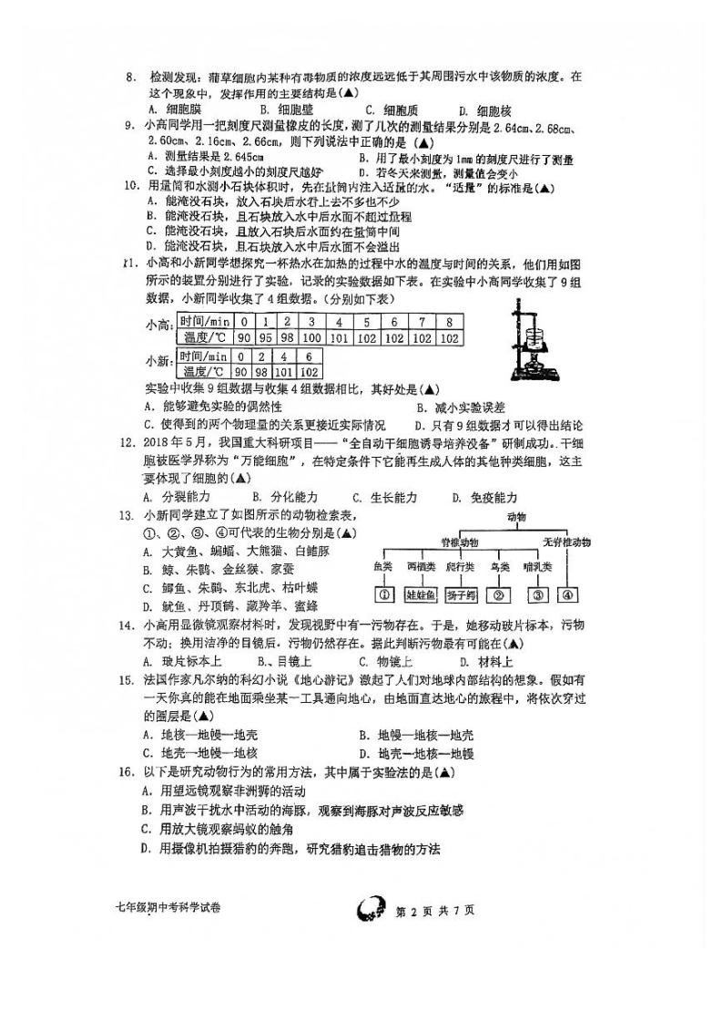 浙江省杭州市高新实验学校2021学年七年级第一学期期中科学试卷（到第2章，pdf版，无答案）02