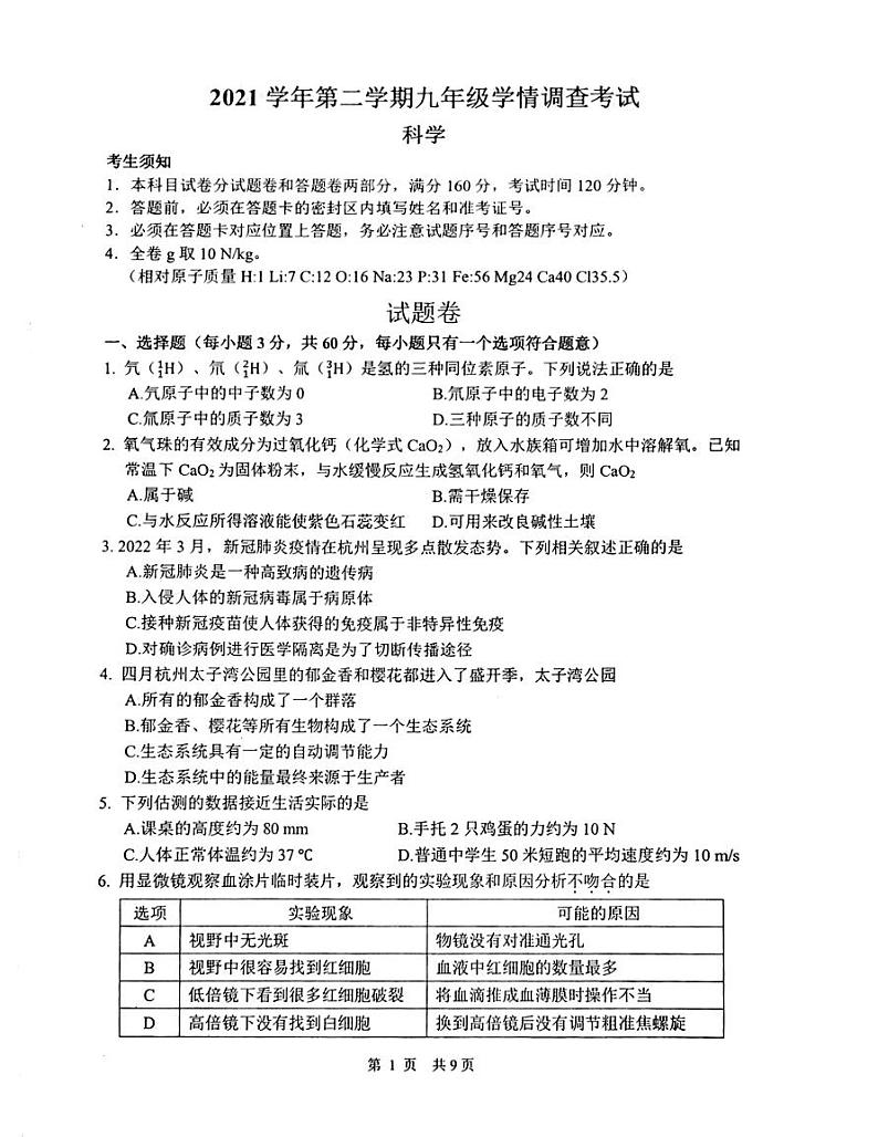 2022年浙江省杭州市上城区中考科学一模试卷（无答）01