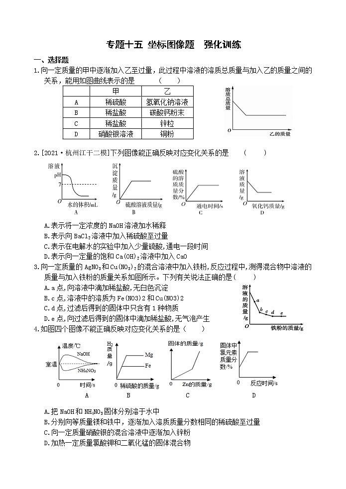 中考科学【二轮专题】专题十五 坐标图像题  强化训练题（有答案）第1页