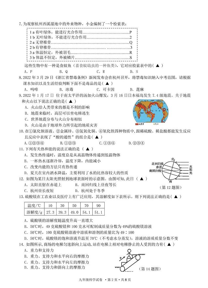 2022杭州市淳安县科学一模-试卷（含答案）02